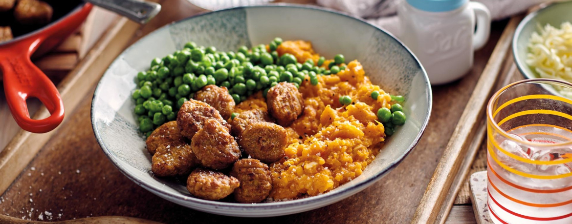 Vegane Frikadellen auf Süßkartoffel-Mash und gebratenen Erbsen für 4 Personen von lidl-kochen.de