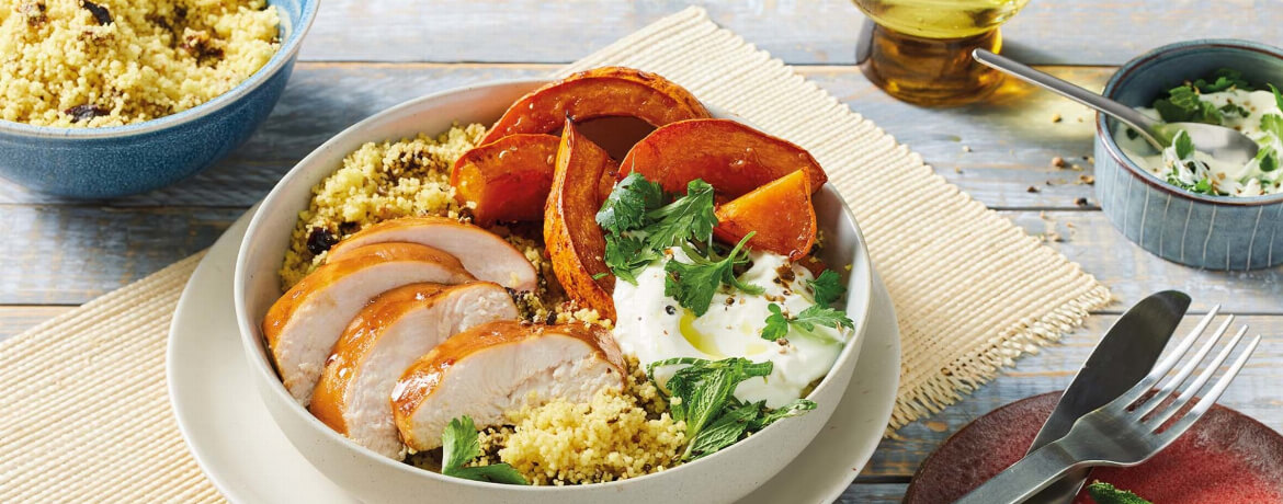 Hähnchen nach Art Teriyaki zu Kürbis aus dem Ofen und Couscous an Pflaumen mit Joghurt-Dressing für 4 Personen von lidl-kochen.de