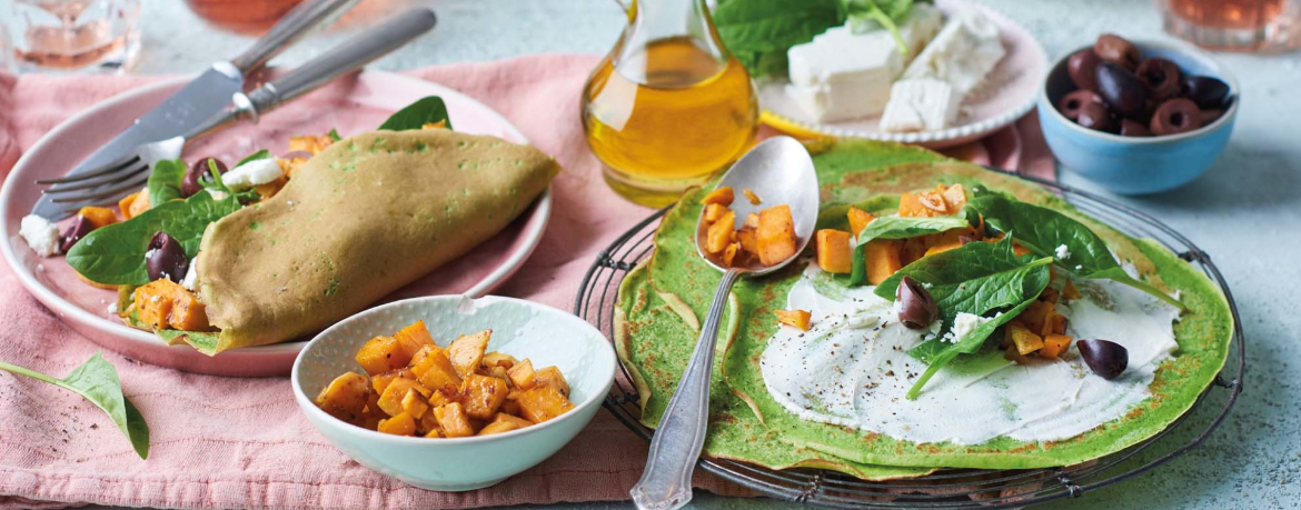 Spinat-Pfannkuchen mit Süßkartoffeln und Oliven für 4 Personen von lidl-kochen.de