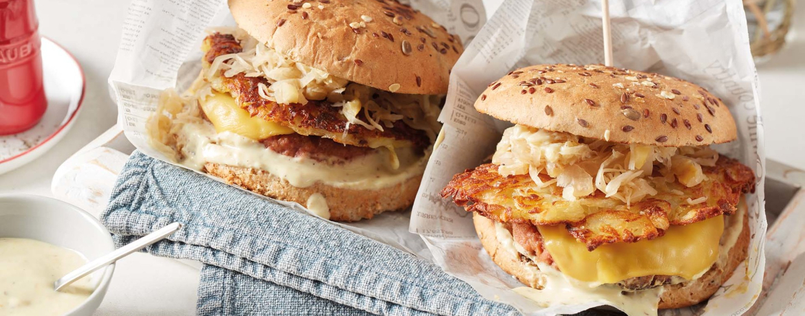 Veganer Rösti-Burger mit Apfel-Sauerkraut und Senfcreme für 4 Personen von lidl-kochen.de