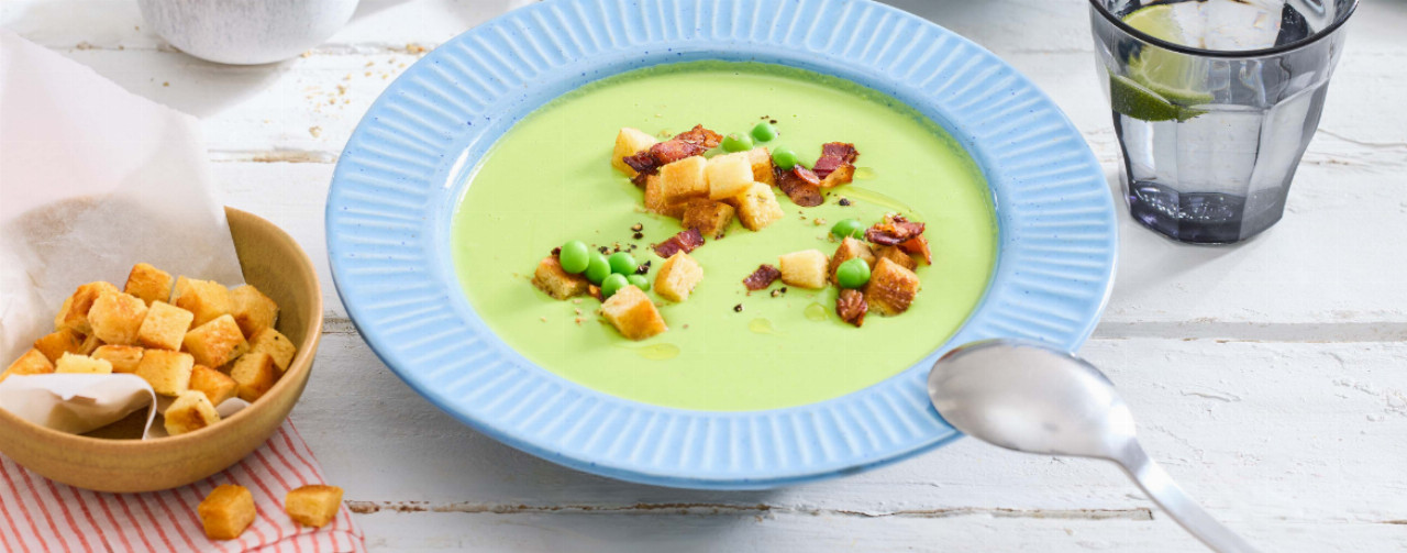 Erbsensuppe mit gebratenem Speck & Croûtons Rezept LIDL Kochen