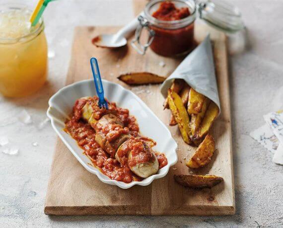 Grillwurst mit Currysauce und Wedges