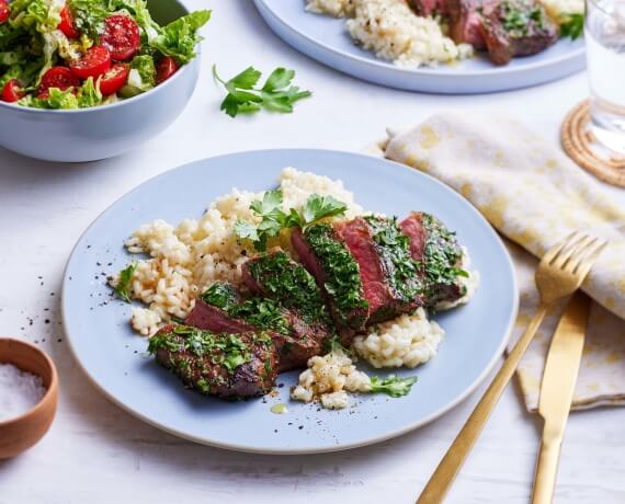 Rumpsteak mit Risotto und Romana