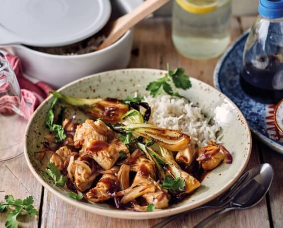 Putenbrust mit Teriyakisauce, Pak Choi und Kokosmilchreis