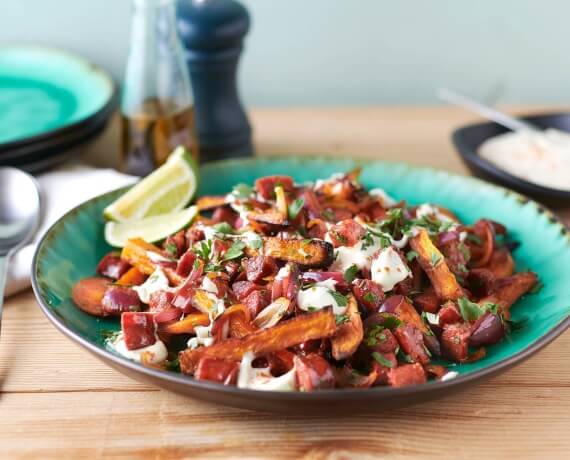 Gebackene Süßkartoffeln mit Chorizo und Aioli