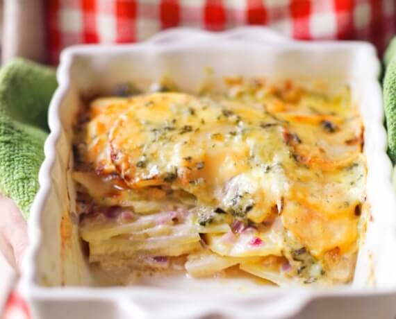 Kartoffel-Gratin mit Apfel an Thymian und Blauschimmelkäse