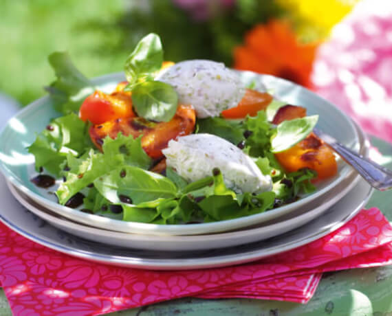 Salat mit Basilikum und gebratenen Aprikosen zu Frischkäse mit Pistazien