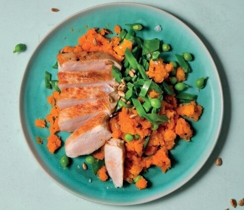 Schweineschnitzel mit Karottenstampf und zweierlei Erbsen