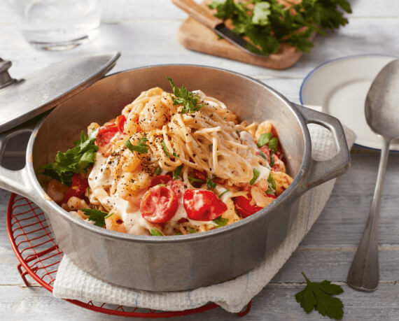 Spaghetti mit Garnelen in Frischkäsesauce