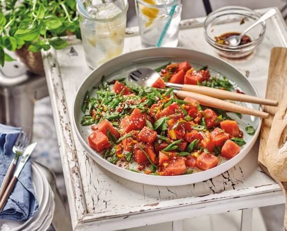 Melonensalat mit Zuckerschoten