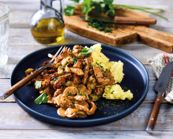 Kalb-Stroganoff mit Kartoffelpüree