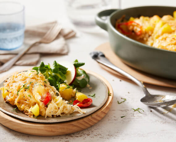 Sauerkraut-Auflauf mit Kartoffeln und veganem Frischegenuss