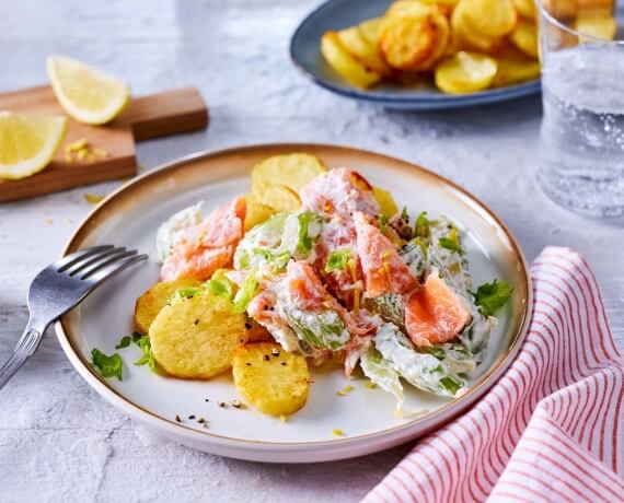 Sellerie-Lachs-Pfanne mit Kartoffeltalern