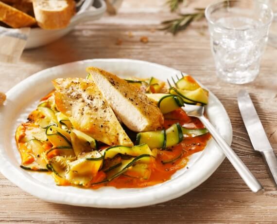 Hähnchen mit Paprikasoße und Zucchini-Gemüse