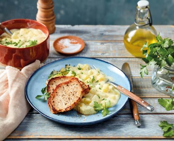 Rahm-Gemüse mit Schweineschnitzeln