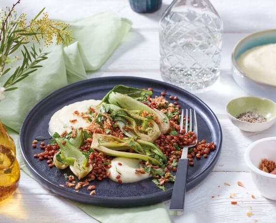 Linsen mit Apfel-Sellerie-Püree, Pak Choi-Salat und Röstzwiebeln