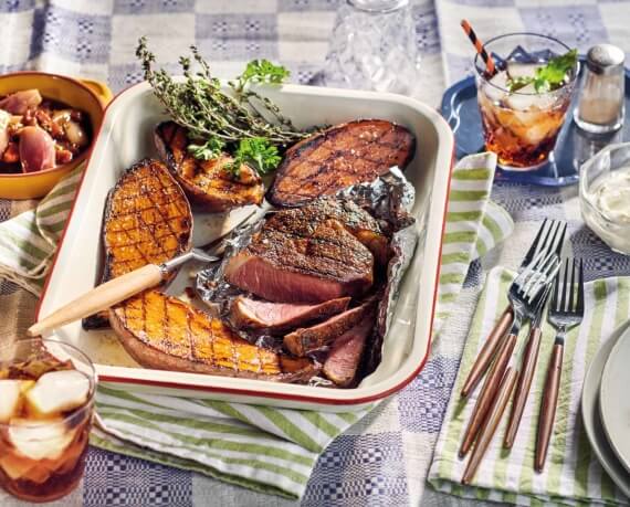 Rib-Eye-Steak mit Süßkartoffeln und Cola-Schalotten