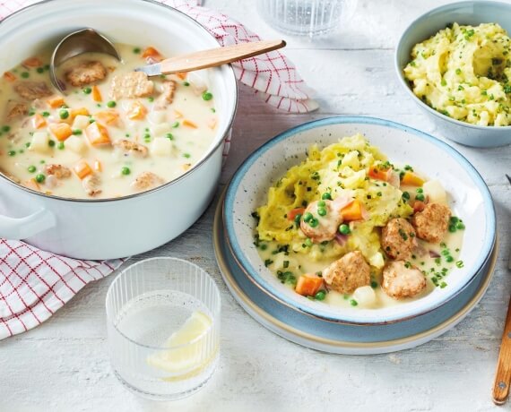 Veganer Wikingertopf mit Mini-Frikadellen und Schnittlauch-Kartoffelstampf