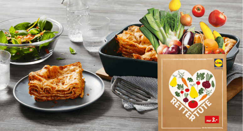 Lidl Rettertüte mit Lebensmitteln, Lasagne und Salat