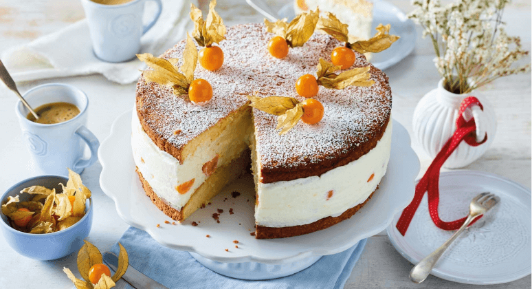 Quark-Sahne-Torte mit Physalis