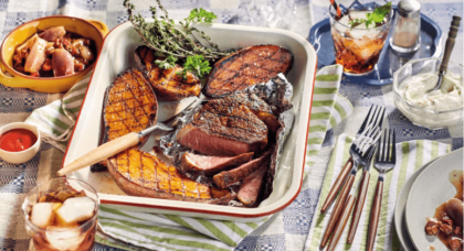 Rib-Eye-Steak mit Süßkartoffeln und Cola-Schalotten