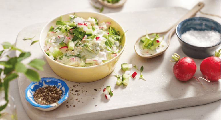 Radieschen-Gurken-Dip mit Kresse, Senf und Mayonaise