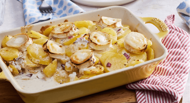 Kartoffelgratin mit Ziegenkäse, Speck und Zwiebeln