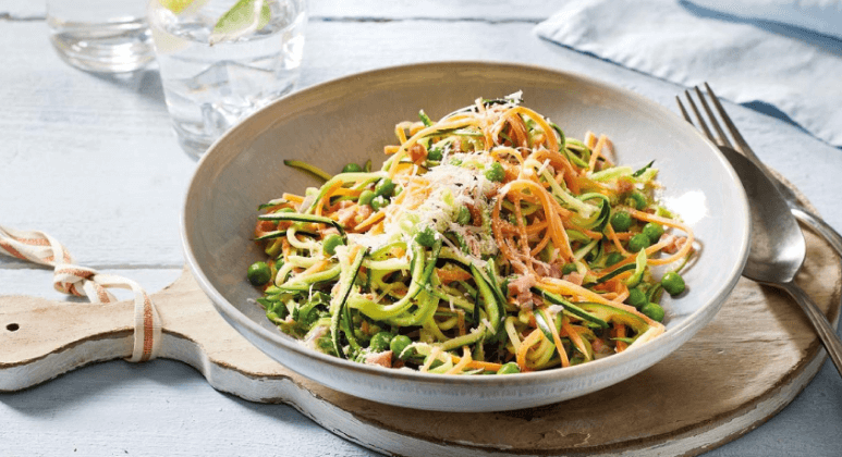 Gemüsenudeln mit Schinken Sahne Sauce